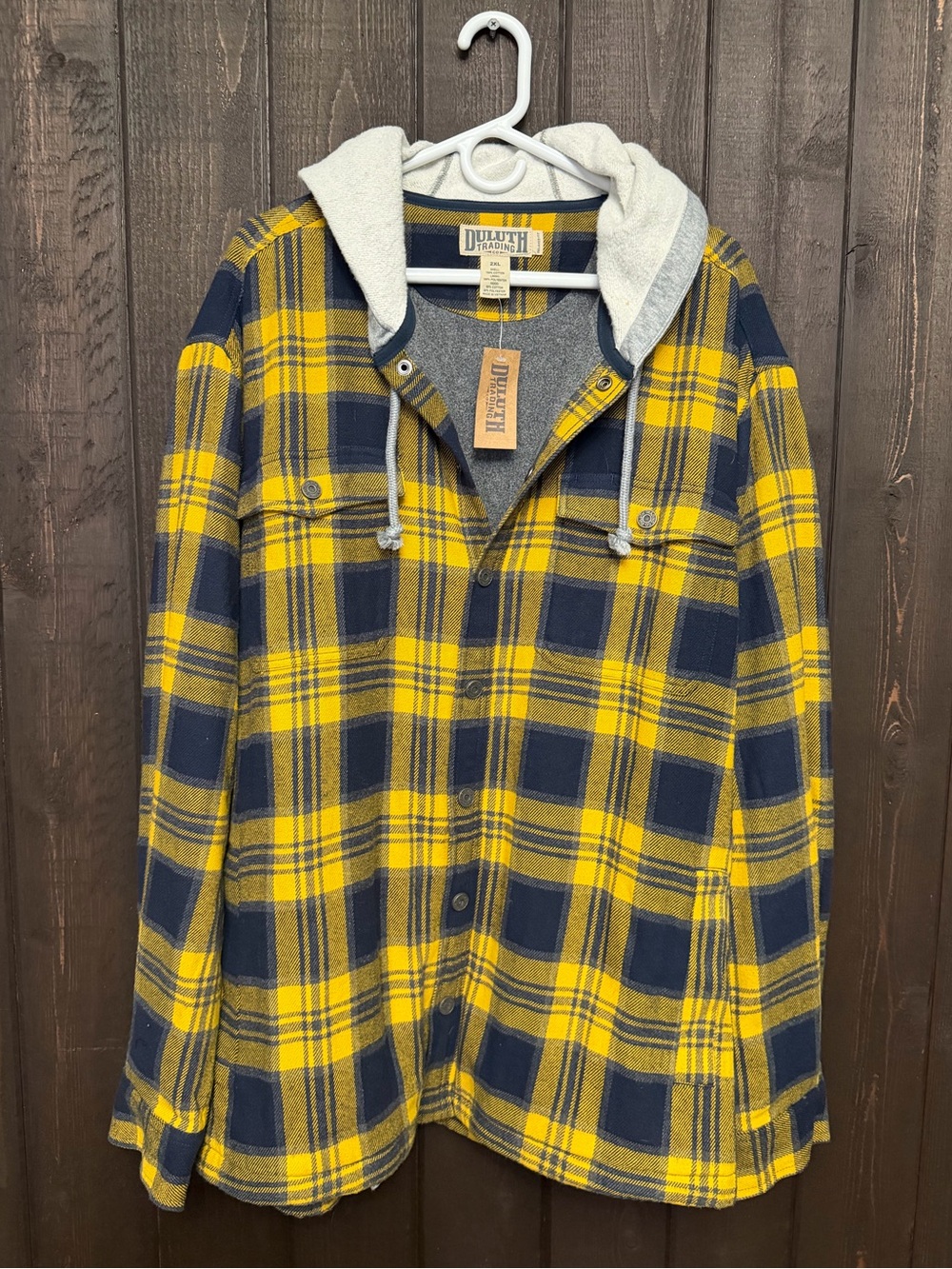 NWT Duluth Flapjack Fleece lined Hooded Shirt Jacket Yellow Navy Plaid 2XL Reg